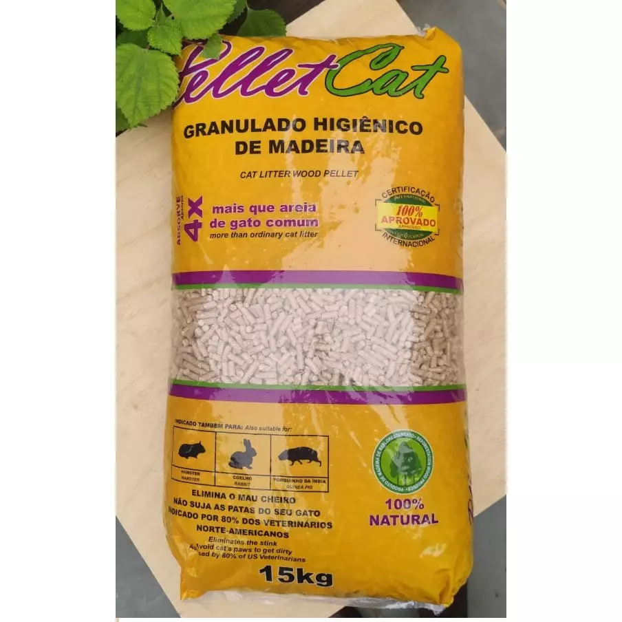 Granulado Higiênico de Madeira PelletCat 15kg Para Gatos Coelhos Roedores e Répetil